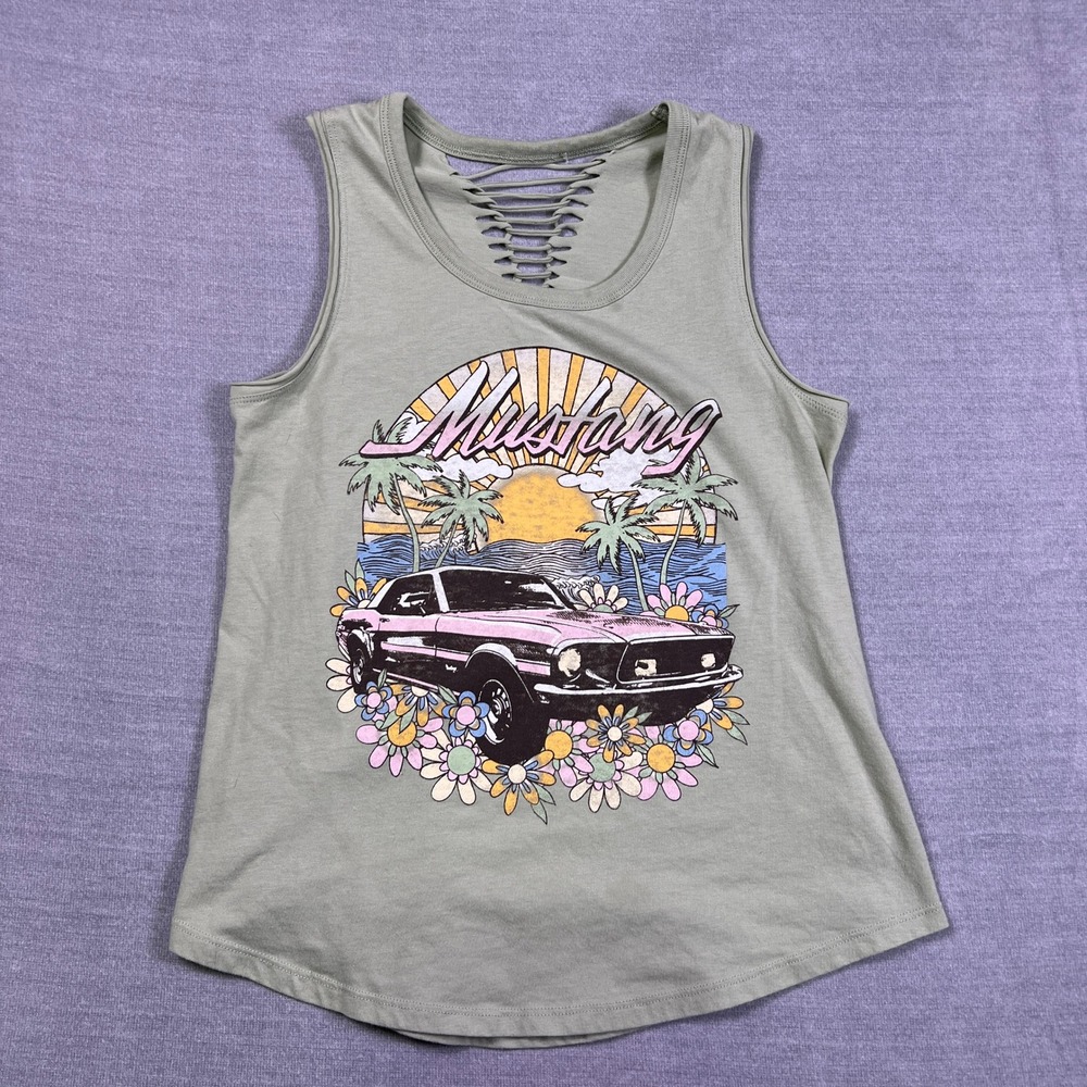 Ford Mustang Graphic Cage Back Tank Top Womens XS Sage Green Cotton Blend